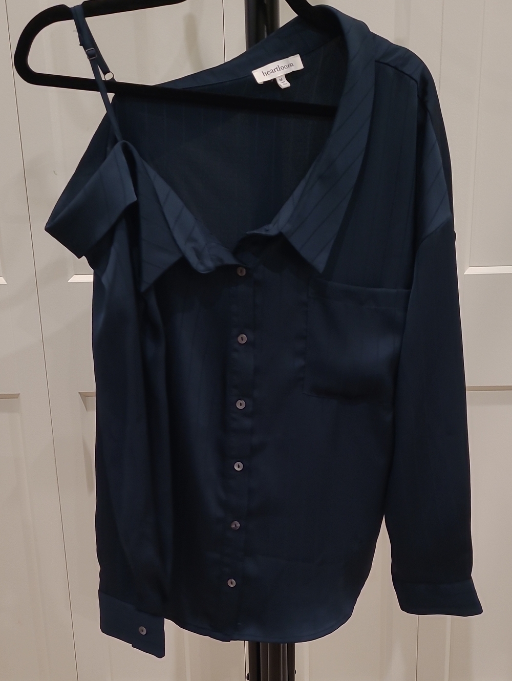 Heartloom Asymetrical Navy Off The Shoulder Button Blouse